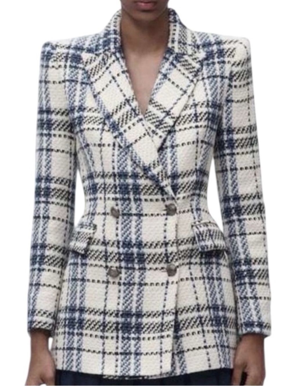 Zara Blue and Cream Plaid Blazer Size XS
